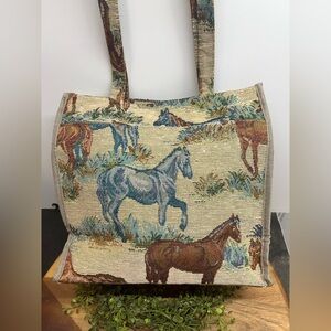 JADE vintage horse tapestry tote bag Equestrian shoulder purse cottage granny